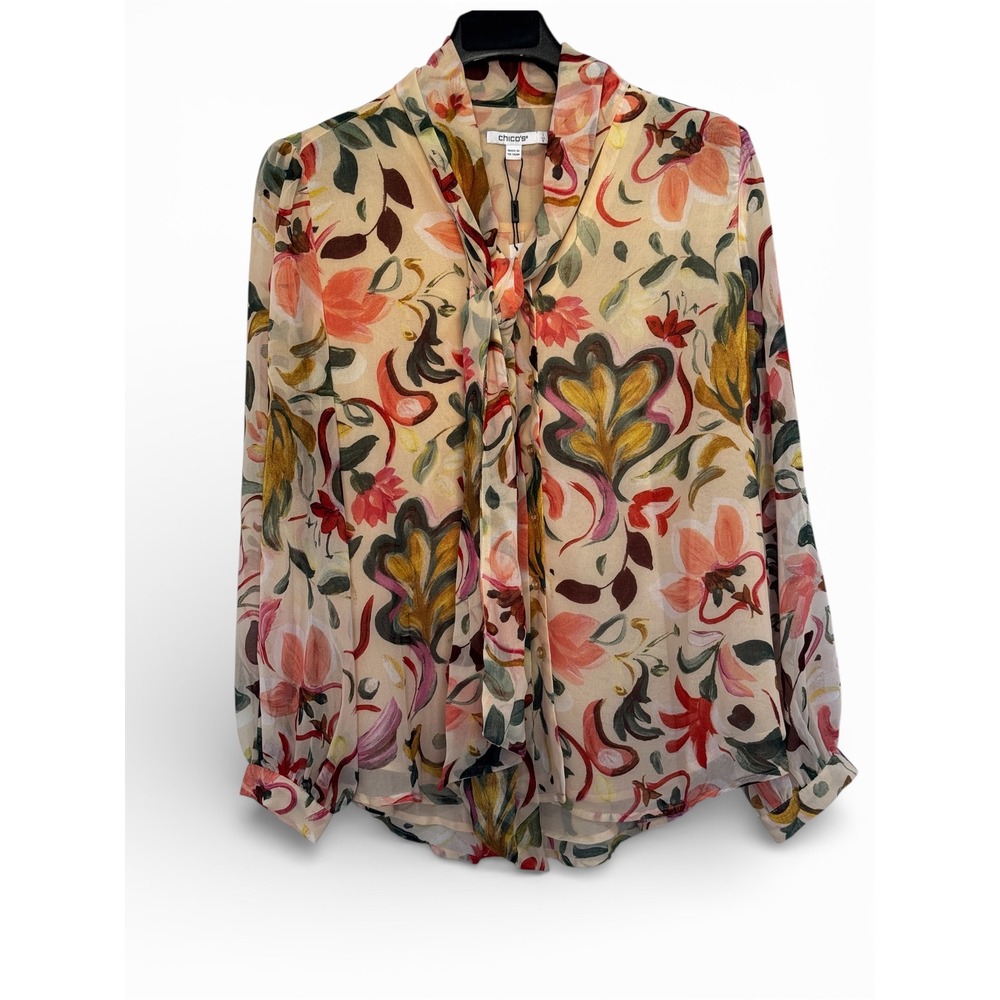 Chico's Sheer Floral Tie-Neck Blouse in Cream, Pink, Green, Yellow